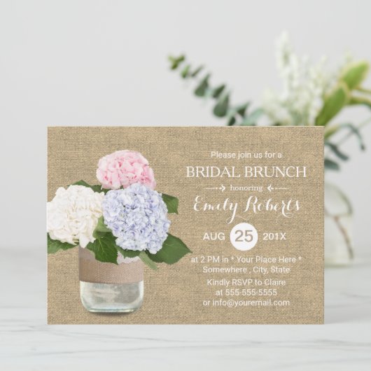 Bridal Brunch Rustic Hydrangea Mason Jar Burlap Kaart (Staand voorkant)