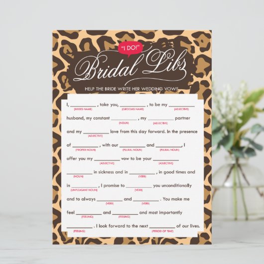 Bridal Libs Bachelorette Party Game Kaart (luipaar (Staand voorkant)