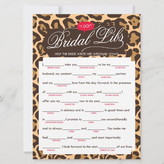 Bridal Libs Bachelorette Party Game Kaart (luipaar (Voorkant)