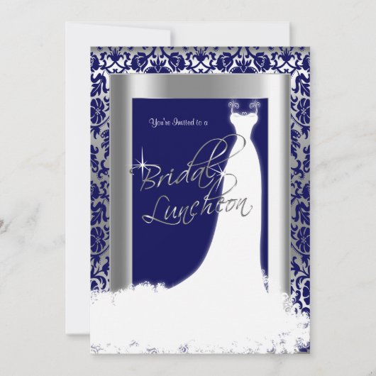 Bridal Luncheon in Navy Blue Damask & Silver Kaart (Voorkant)
