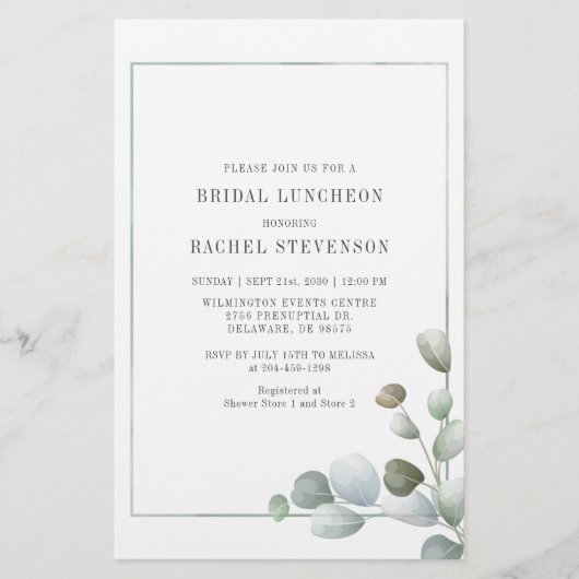 Bridal Luncheon Waterverf Eucalyptus Greenery Briefpapier (Voorkant)
