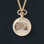 Bridal necklace watch-gold<br><div class="desc">Timeless elegance meets romantic charm with this Happily Ever After gold necklace watch. Featuring delicate champagne glasses tied with satin bows and framed by soft roses, this piece is both a graceful accessory and a meaningful keepsake. Perfect for brides, bridesmaids, or as a heartfelt gift, it adds a classic touch...</div>