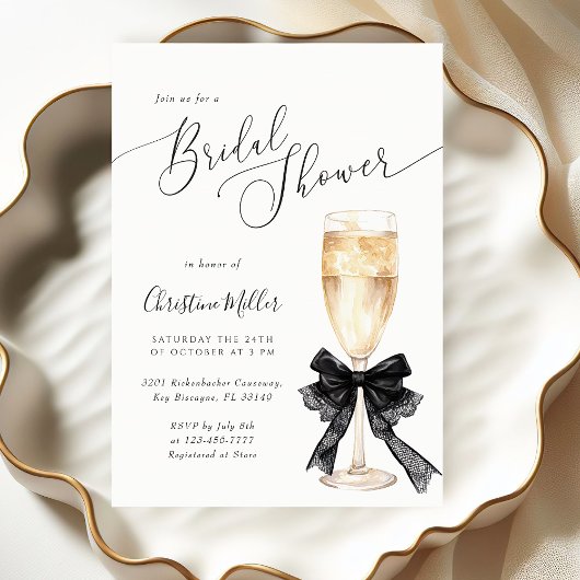 Bridal Shower Champagne Invitation with Black Bow 