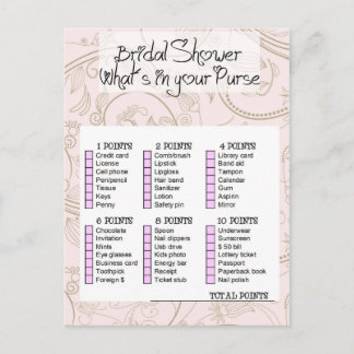 Bridal shower game- What is in your purse? Uitnodiging Briefkaart