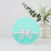 Bridal Shower Invitation Aqua Damask White Bow Kaart (Staand voorkant)
