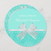 Bridal Shower Invitation Aqua Damask White Bow Kaart (Voorkant / Achterkant)
