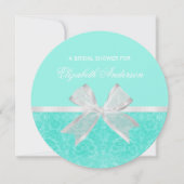 Bridal Shower Invitation Aqua Damask White Bow Kaart (Voorkant)