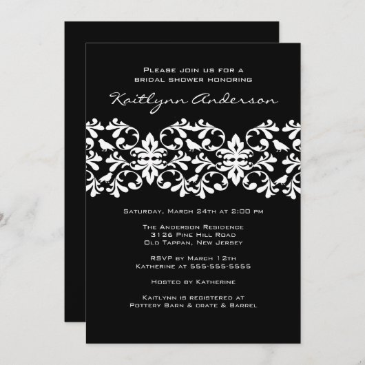 Bridal Shower Invitation Black & White Damask Kaart (Voorkant / Achterkant)