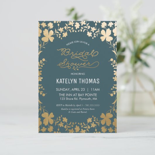 Bridal Shower Invitation,  Blauwgroen & Gold Kaart (Staand voorkant)