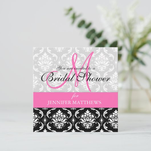 Bridal Shower Invitation Damask Hot Pink Monogram Kaart (Staand voorkant)