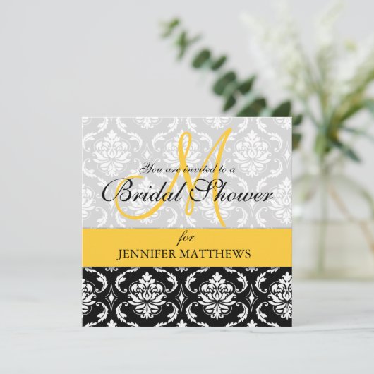 Bridal Shower Invitation Damask Yellow Monogram Kaart (Staand voorkant)