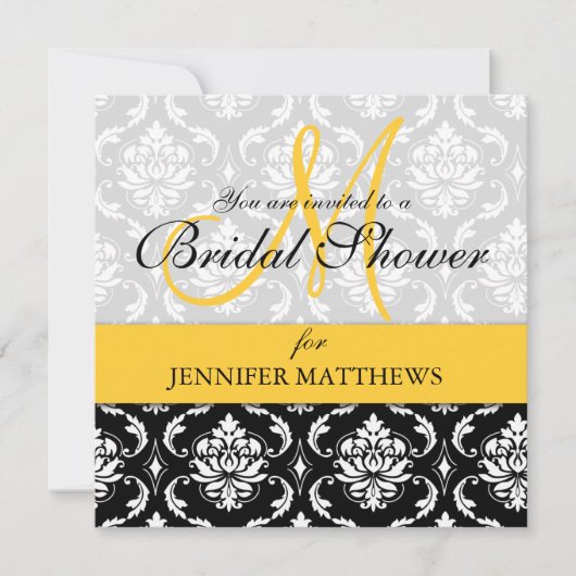 Bridal Shower Invitation Damask Yellow Monogram Kaart (Voorkant)