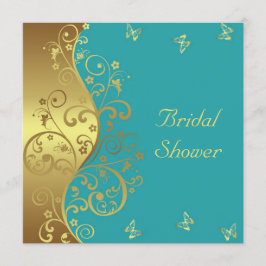 Bridal Shower Invitation—Gold Swirls & Blauwgroen Kaart