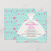 Bridal Shower Invitation Gown Turquoise Damask Kaart (Voorkant / Achterkant)