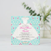 Bridal Shower Invitation Gown Turquoise Damask Kaart (Staand voorkant)