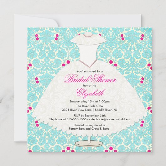 Bridal Shower Invitation Gown Turquoise Damask Kaart (Voorkant)