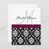 Bridal Shower Invitation Monogram Wine Damask Kaart (Voorkant / Achterkant)