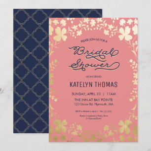 Bridal Shower Invitation, Navy, Coral, Gold Floral Kaart