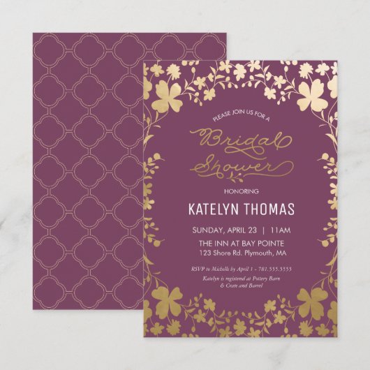 Bridal Shower Invitation, Paars en goud Kaart (Voorkant / Achterkant)