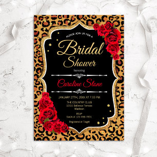 Bridal Shower Invitation Red Roses Leopard Print Kaart