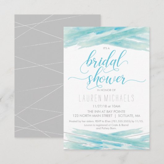 Bridal Shower Invitation - Waterverf, Blue Silver Kaart (Voorkant / Achterkant)