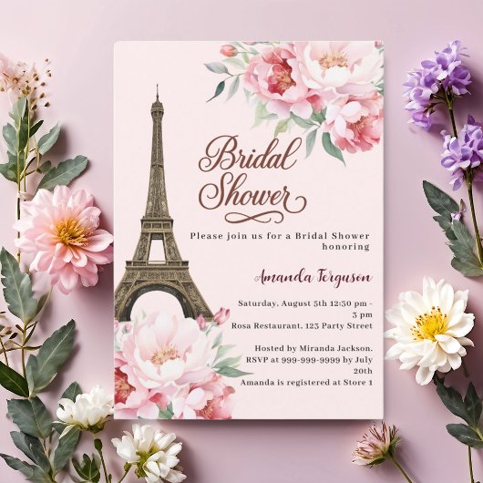Bridal shower Paris Eiffel tower pink flowers Kaart