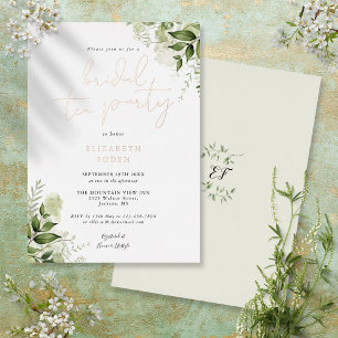Bridal Tea Party Elegant Script Greenery Monogram Folie Uitnodiging