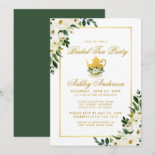 Bridal Tea Party Floral Green Gold Invitation G Kaart