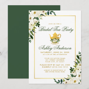 Bridal Tea Party Floral Green Gold Invitation GB Kaart