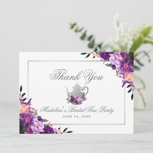 Bridal Tea Party Floral Paars Dank je wel Bedankkaart (Staand voorkant)