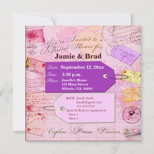 Bridal Travel Shower-thema in roze en paars Kaart (Voorkant)