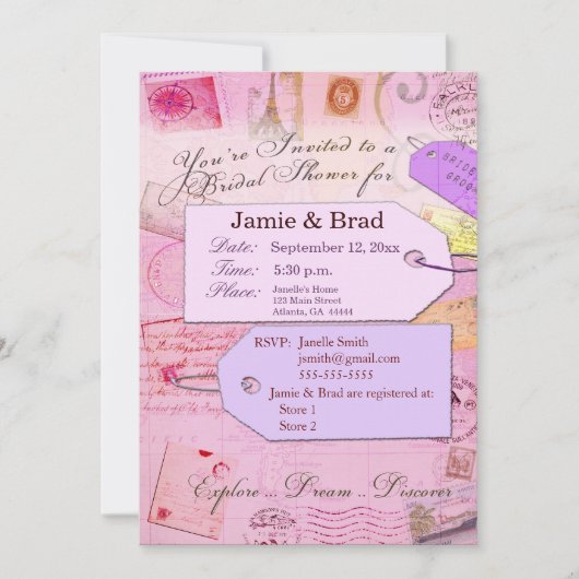 Bridal Travel Shower-thema in roze en paars Kaart (Voorkant)