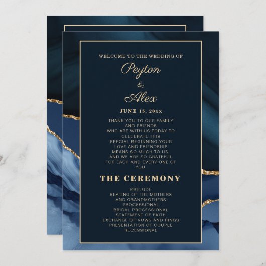 Bridal van het Navy Blue Marmer Wedding Programme Programma (Voorkant / Achterkant)