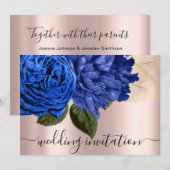 Bridal Wedding Royal Blue Gold Rozen Flowers Kaart (Voorkant / Achterkant)