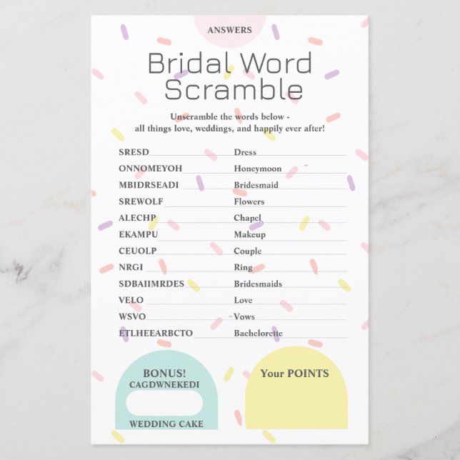 Bridal Word Scramble Antwoordsleutel (Voorkant)