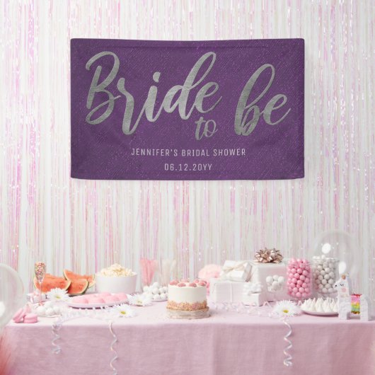 Bride Be Silver Calligraphy Paars Vrijgezellenfees Spandoek (Feest)