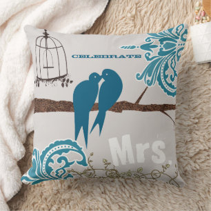 Bride Blauwgroen Damask KissingTortelduifjes Birdc Kussen