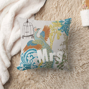 Bride  Blauwgroen Damask Peacock Birdcage Vines Kussen