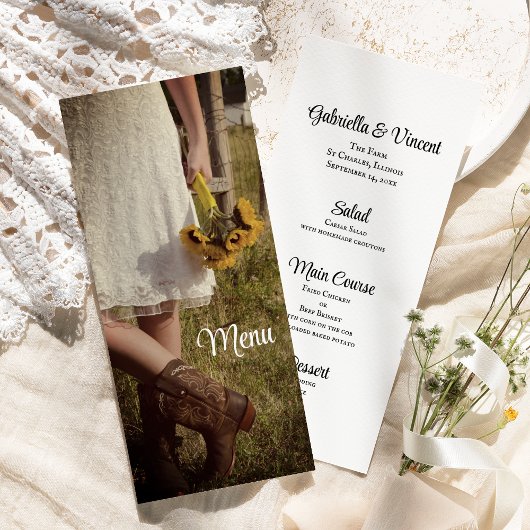 Bride, Bottes Cowboy, Menu Mariage Sunflowers Ranc