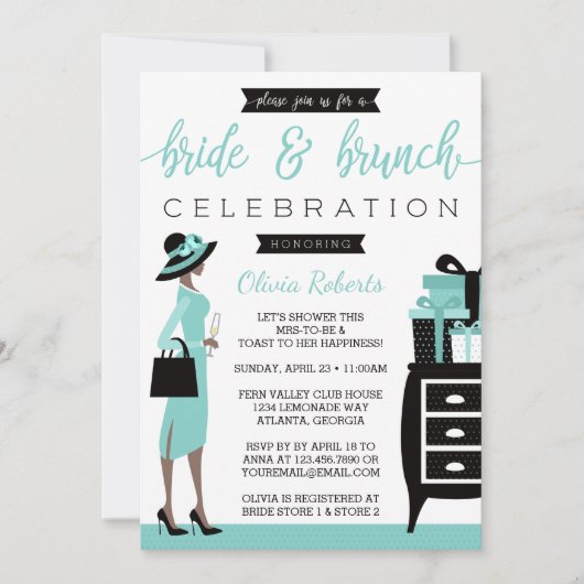 Bride & Brunch Shower Invitation, blauw, zwart Kaart (Voorkant)
