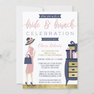 Bride & Brunch Shower Invitation, Navy, Pink, Gold Kaart