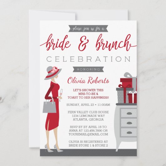 Bride & Brunch Shower Invitation, Red, Grey Kaart (Voorkant)