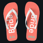 Bride Coral<br><div class="desc">Arrière - plan de corail brillant avec Bride écrit en blanc et date du mariage en bleu turquoise. Jolie destination de plage ou de lune de miel tongs. Design original par TamiraZDesigns.</div>