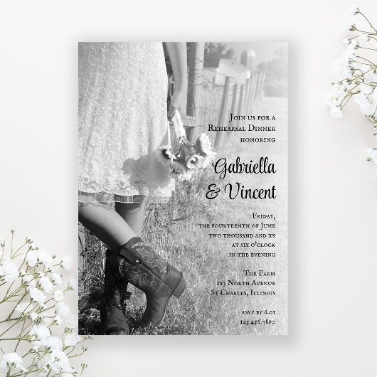 Bride, Cowboy Boots, Sunflower Rehearsal Dinner Kaart