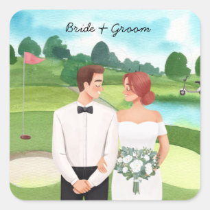 Bride en Groom Golfer bruiloft op golfbaan Vierkante Sticker