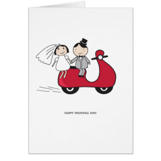 Bride en groom op de rode scooter. Weddenskaart