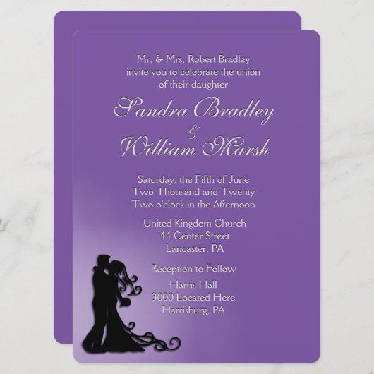 Bride en Groom Royal Paars Wedding Kaart (Voorkant / Achterkant)
