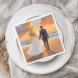Bride & Groom Beach Wedding Watercolor Servet
