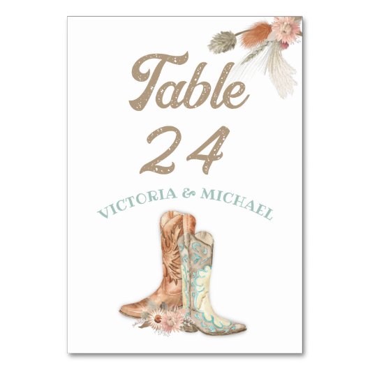 Bride & Groom Floral Boots Cowboy Table Numbers Kaart (Voorkant)