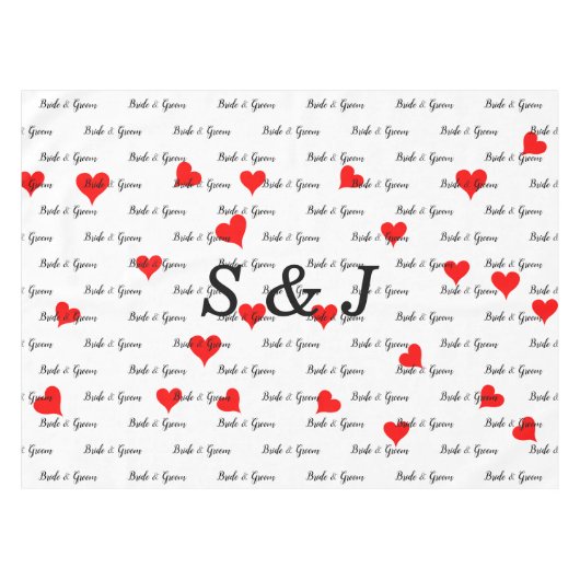 Bride Groom Monogram Typografie Red Hearts Tafelkleed (Voorkant (Horizontaal))